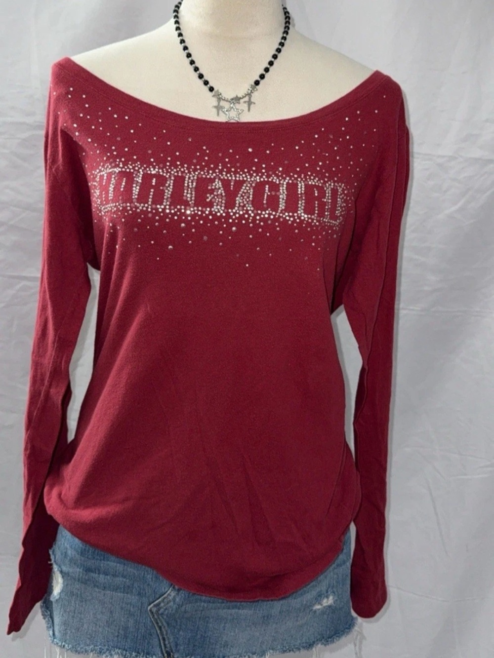 Harley-Davidson Burgundy Off-Shoulder Long Sleeve Top with Rhinestones